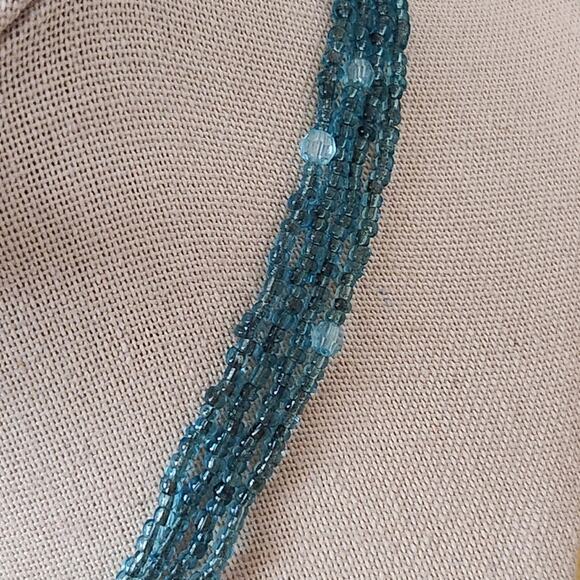 Blue glass beaded pendant necklace and earrings multi strand chain - Picture 5 of 11